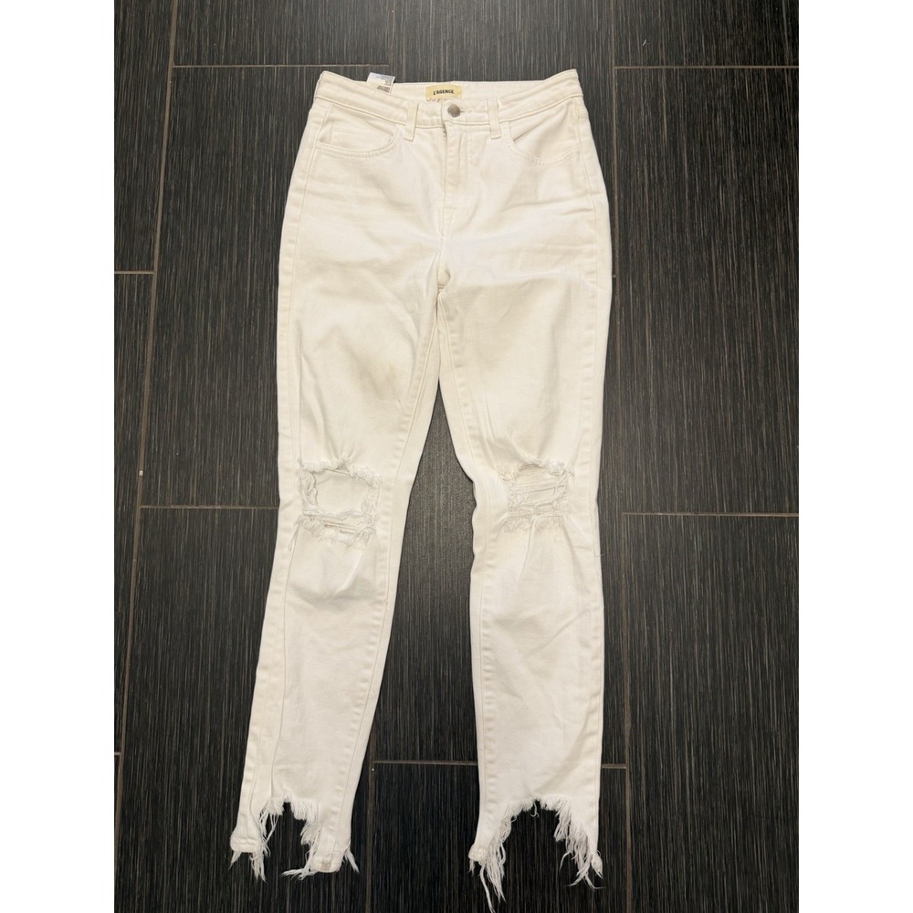 L'Agence High Line High-Rise Distressed Skinny Jeans Sz 26 White Summer Fringe